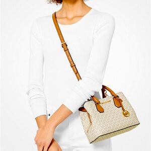 Michael Kors Camille Large Logo and Leather Satchel in Vanilla/Acorn